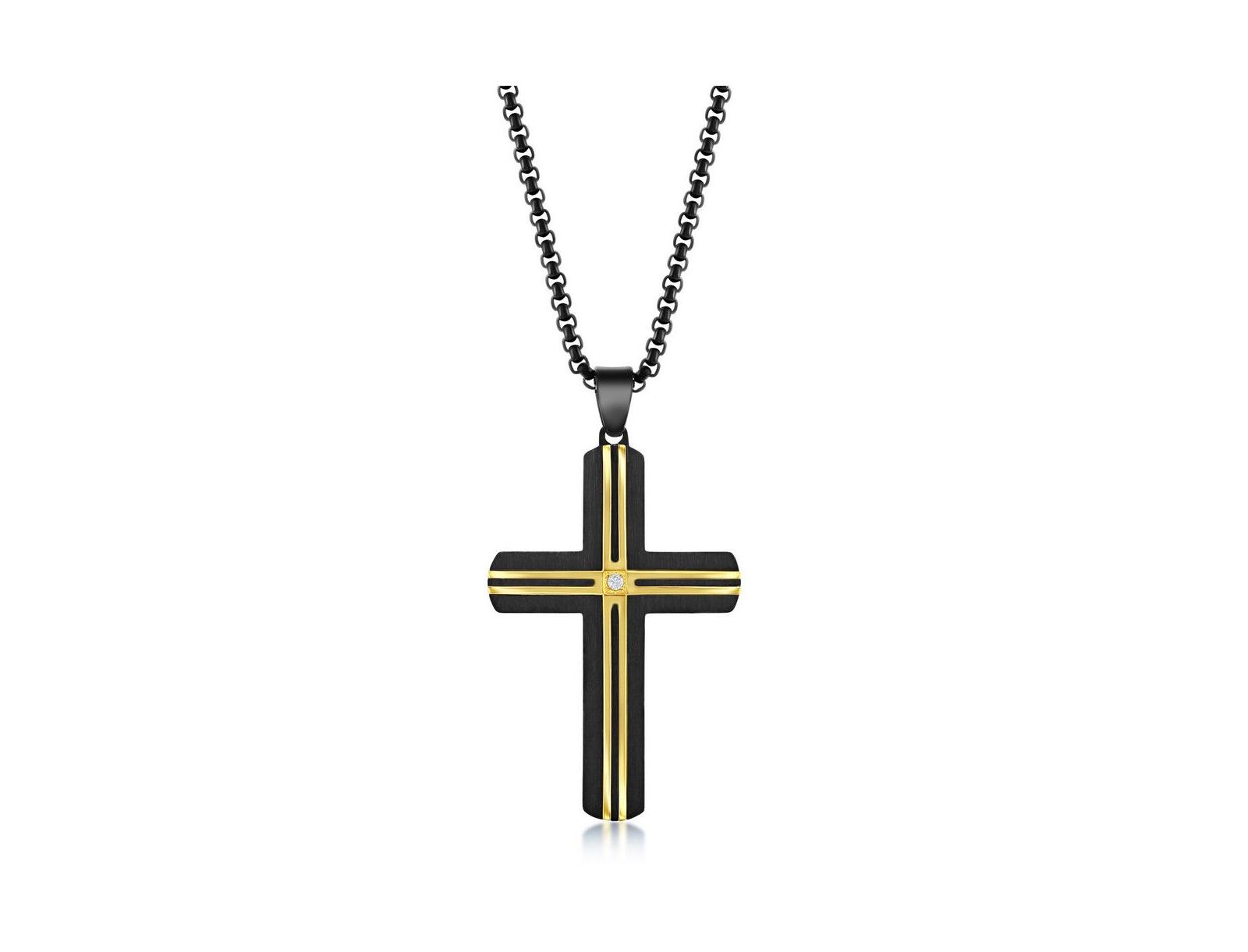 Мужская подвеска-ожерелье Metallo Stainless Steel Black & Gold Lined Single CZ Cross