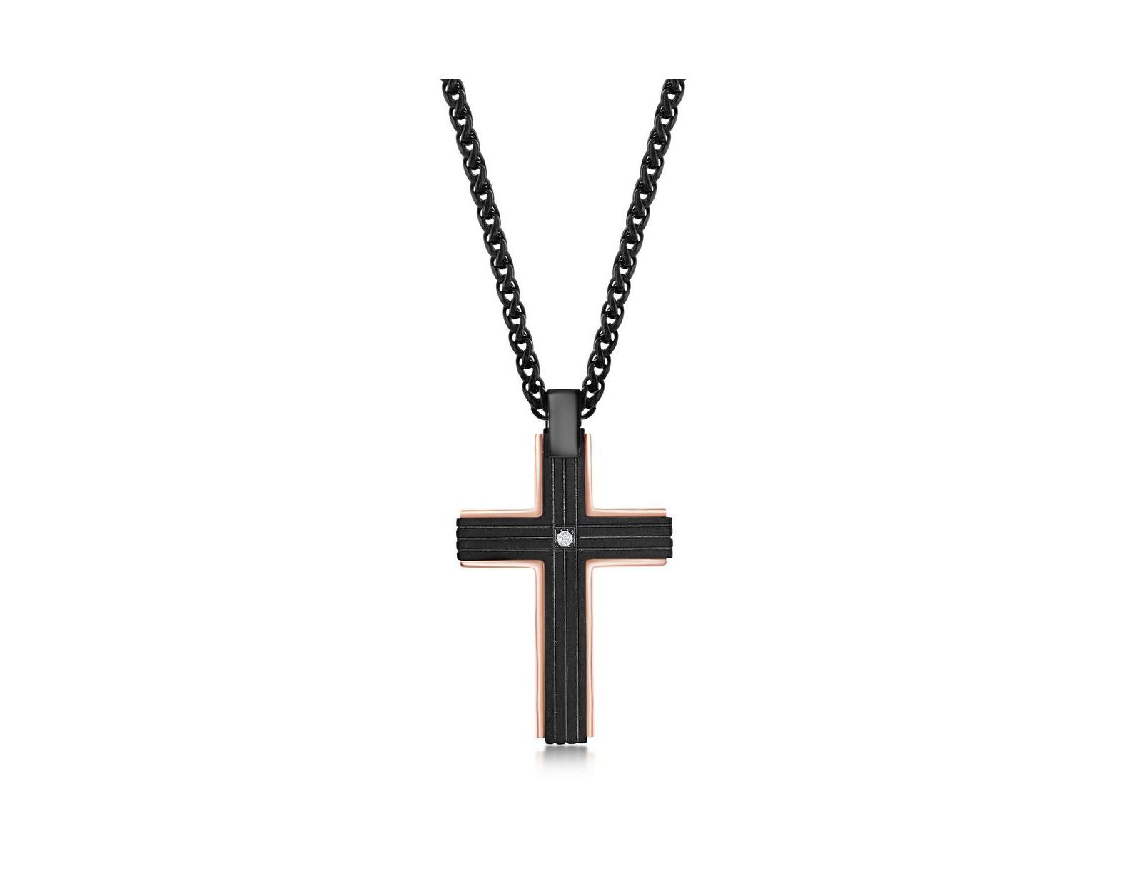 Мужской Stainless Steel Black w/ Rose Gold Border Single CZ Necklace