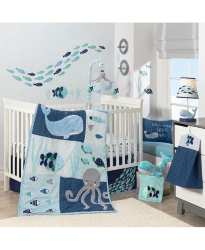 Детский набор постельного белья Lambs & Ivy Oceania Blue/Gray/White Whale с осьминогом и рыбой, 6-Piece