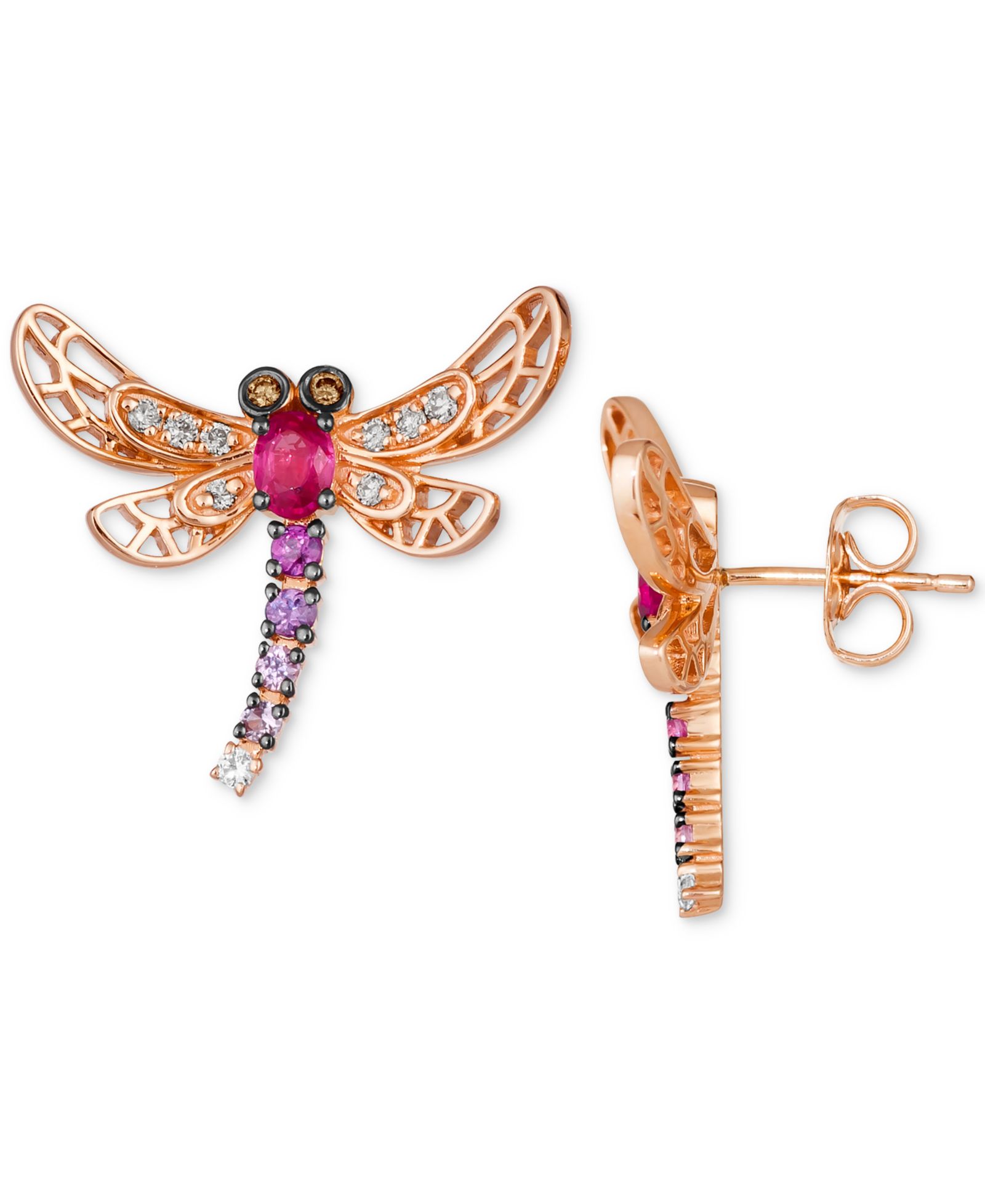 Серьги-подвески Le Vian® Dragonfly в розовом золоте 14k с рубином, бриллиантами и сапфиром