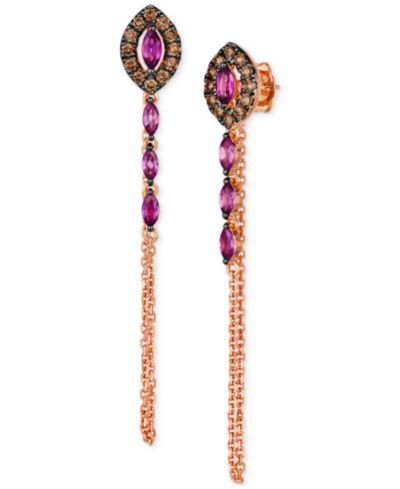 Le Vian® Chocolatier Raspberry Rhodolite (3/4 ct. t.w.) & Chocolate Diamonds (3/8 ct. t.w.) Linear Drop Earrings in 14k Rose Gold