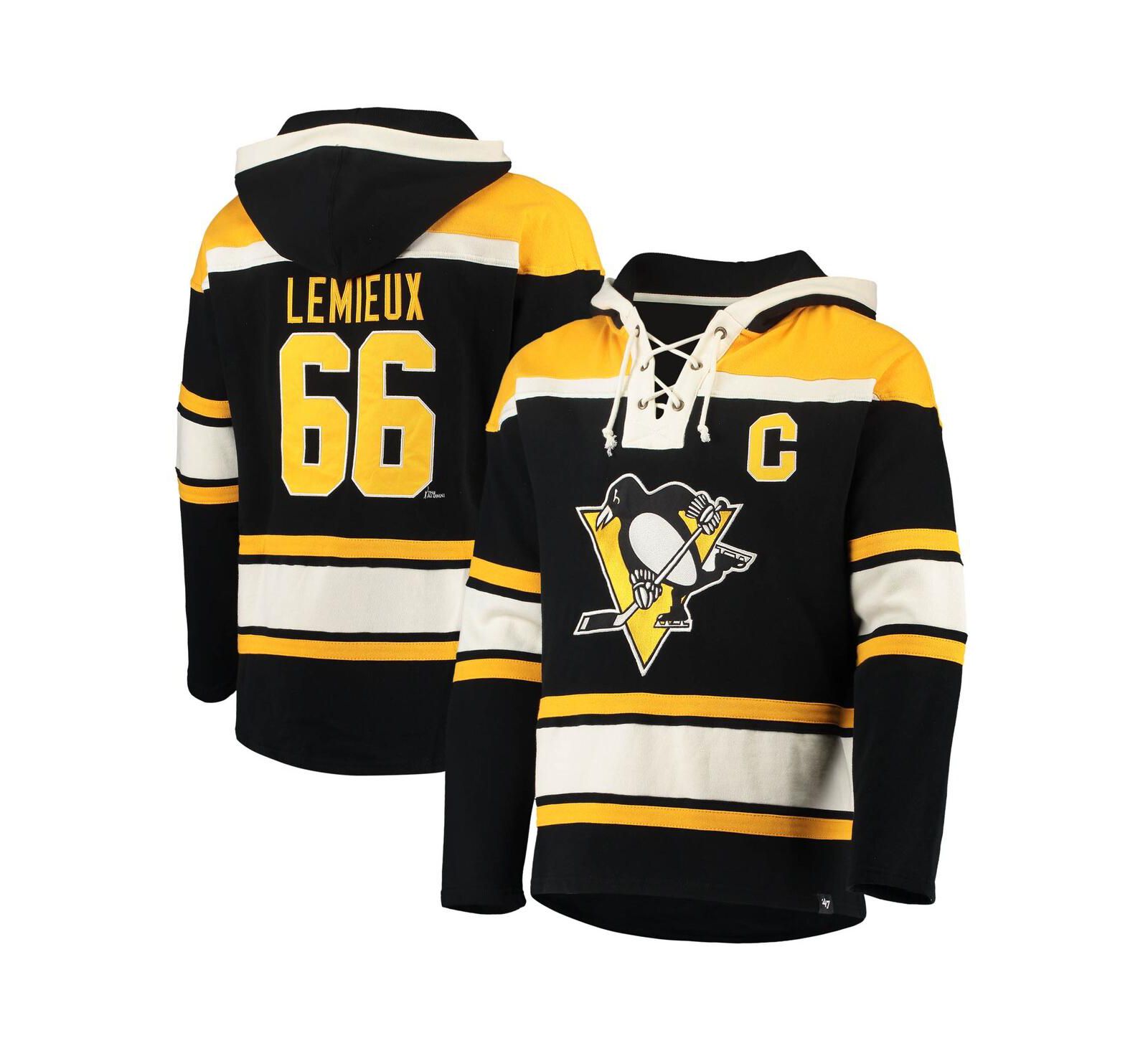 Men's '47 Brand Mario Lemieux Black Pittsburgh Penguins Retired Player Name and Number Lacer Pullover Hoodie