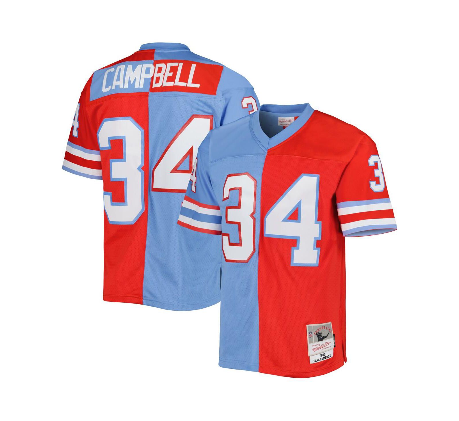 Мужская джерси Mitchell & Ness Earl Campbell Red, Light Blue Houston Oilers Gridiron Classics 1980 Split Legacy Replica
