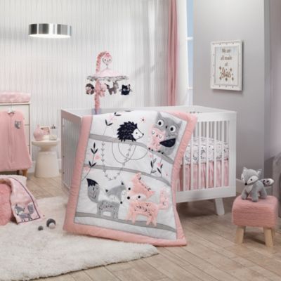 Lambs & Ivy Lambs and Ivy Forever Friends White/Pink/Gray Woodland Fox/Owl 4-Piece Nursery Crib Baby Bedding Set