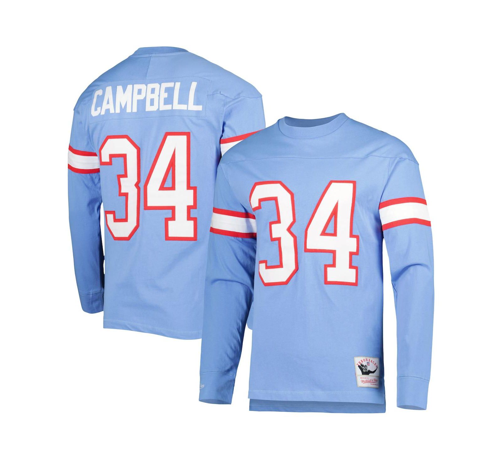 Футболка Mitchell & Ness Earl Campbell Light Blue Houston Oilers 1984 Retired Player Name and Number Мужская с длинным рукавом