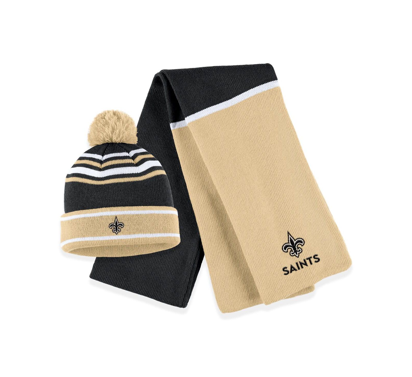 Women's WEAR by Erin Andrews Black New Orleans Saints Colorblock Cuffed Knit Hat with Pom and Scarf Set