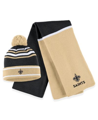 Women's WEAR by Erin Andrews Black New Orleans Saints Colorblock Cuffed Knit Hat with Pom and Scarf Set