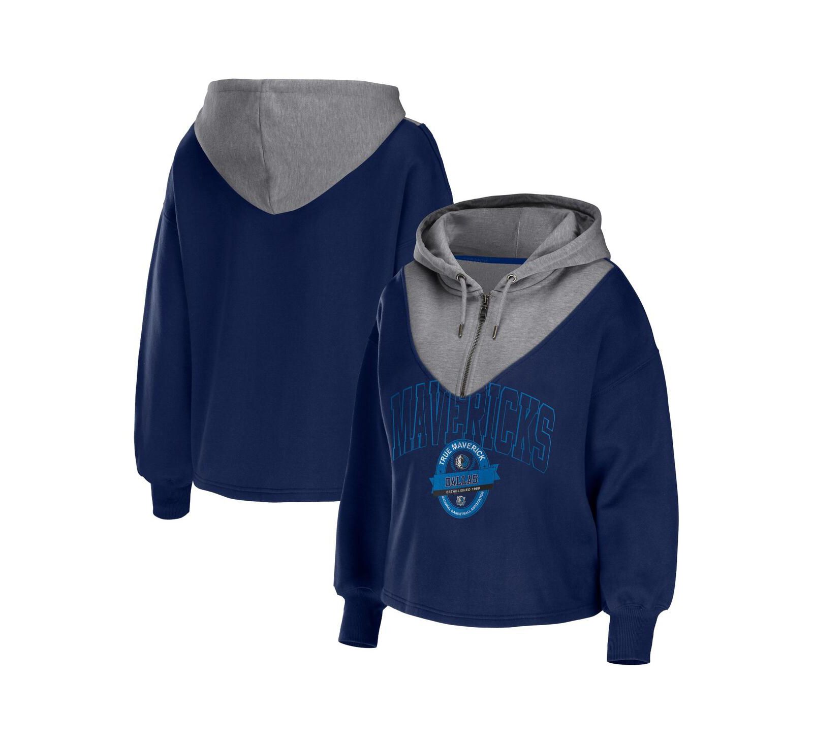 Women's WEAR by Erin Andrews Navy Dallas Mavericks Pieced Quarter-Zip Hoodie Jacket