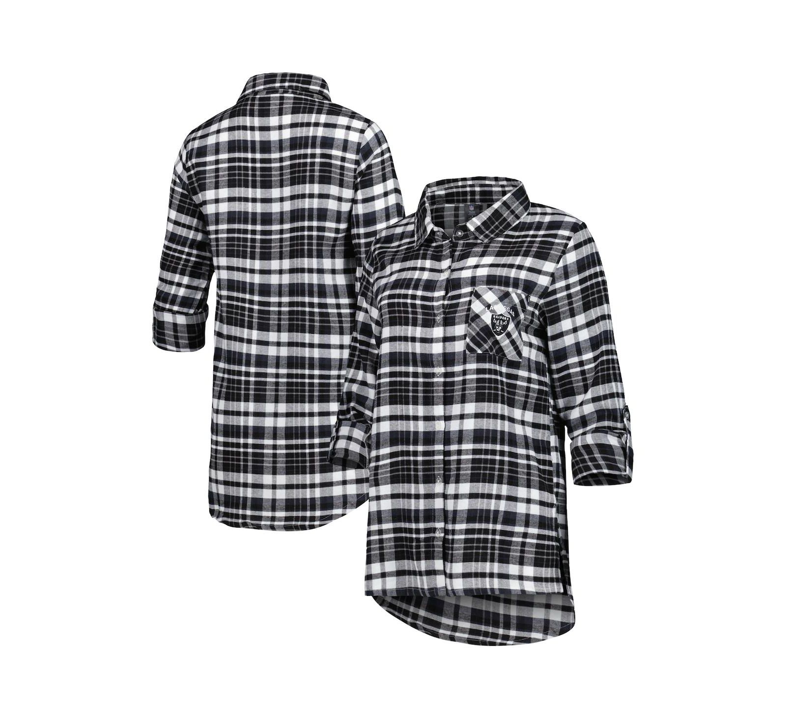 Women's Concepts Sport Black, Silver Las Vegas Raiders Mainstay Flannel Full-Button Long Sleeve Nightshirt