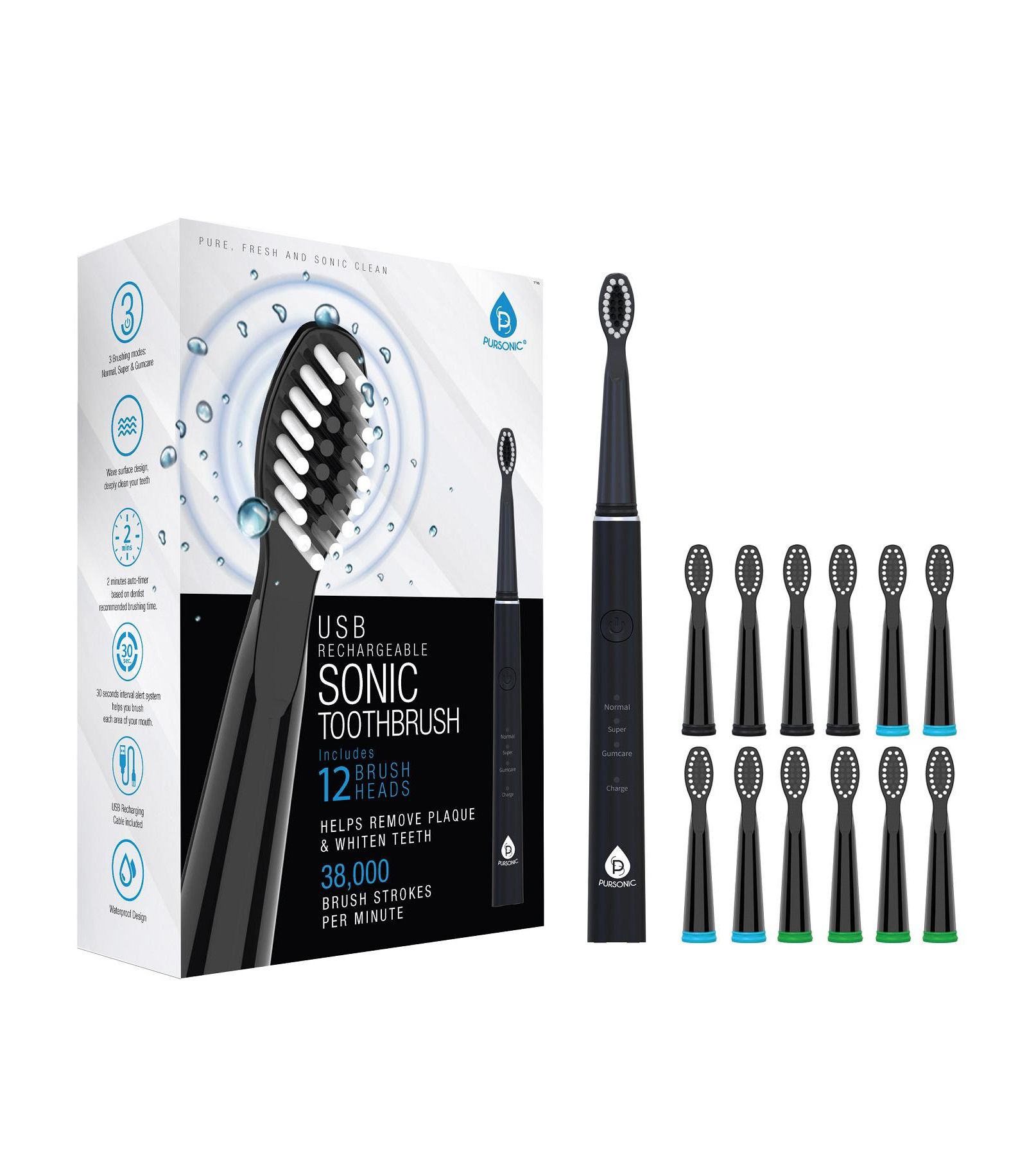 Pursonic USB Rechargeable Electric toothbrush with 12 Brush Heads - Green
