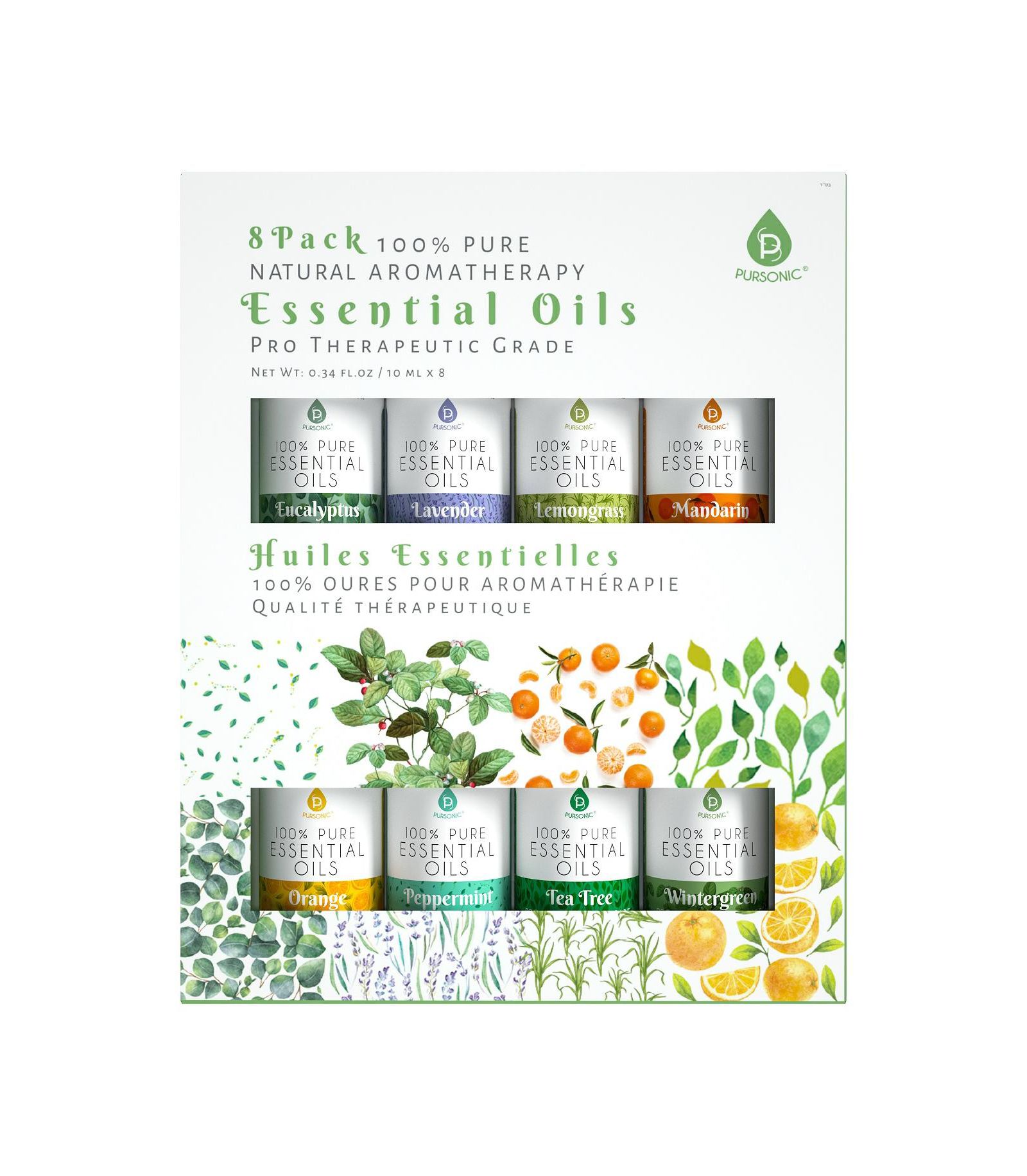 Набор из 8 шт. чистых эфирных масел PURSONIC 100% Pure Essential Aromatherapy Oils