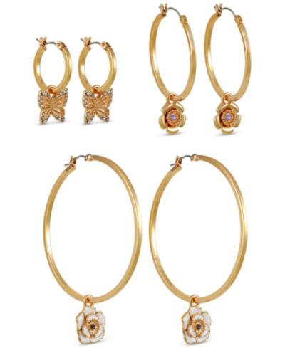 GUESS Gold-Tone 3-Pc. Set Mixed Color Stone Flower & Butterfly Charm Hoop Earrings