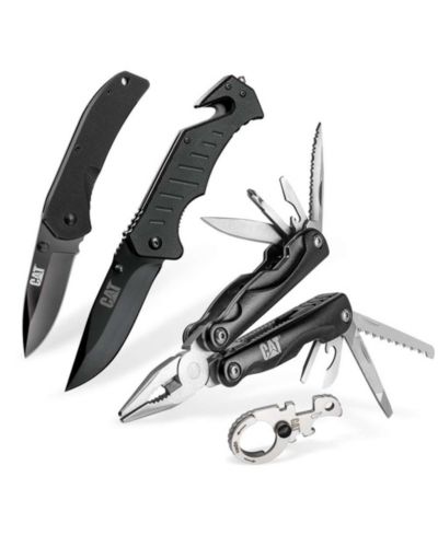 Cat 4 pc Multi-Tool and Folding Pocket Black Knife Set with Keychain Tool