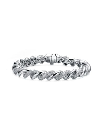 Sterling Silver White Gold Plated Clear Round Cubic Zirconia Wavy Twisted Bracelet