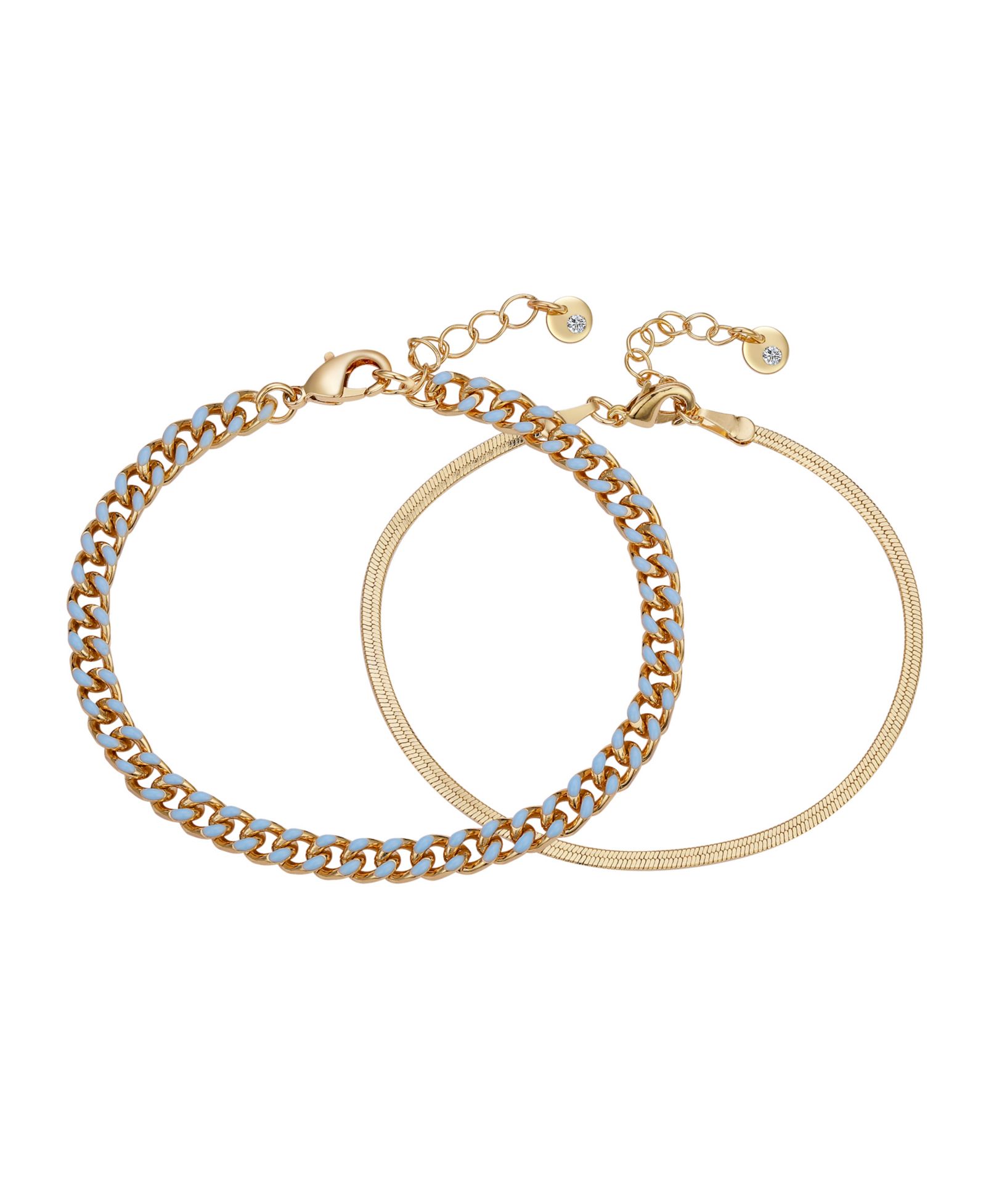 Unwritten 14K Gold Flash-Plated Light Blue Enamel Curb Chain and Herringbone Chain Bracelet Set