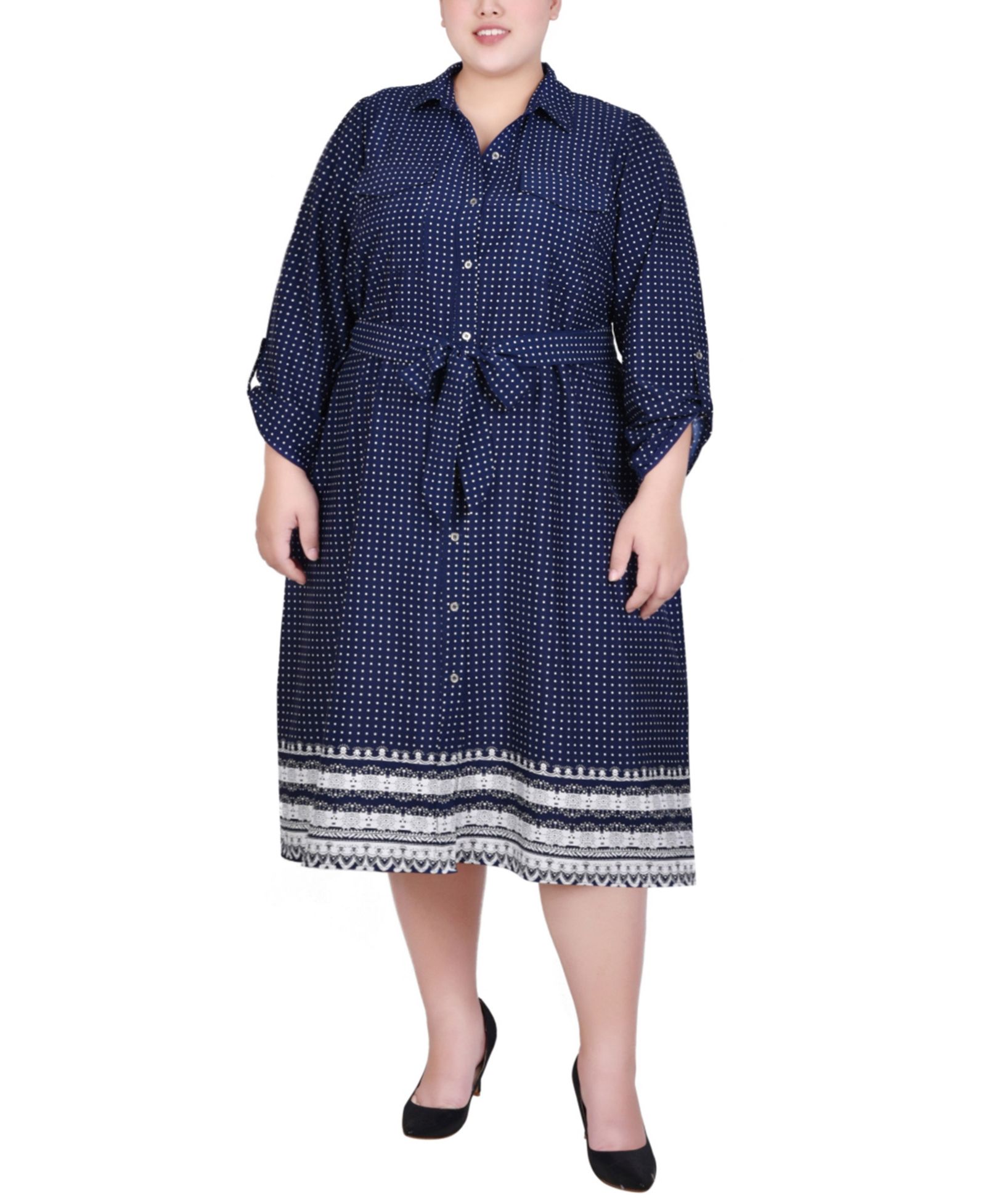 NY Collection Plus Size 3/4 Roll Tab Sleeve Belted Shirtdress