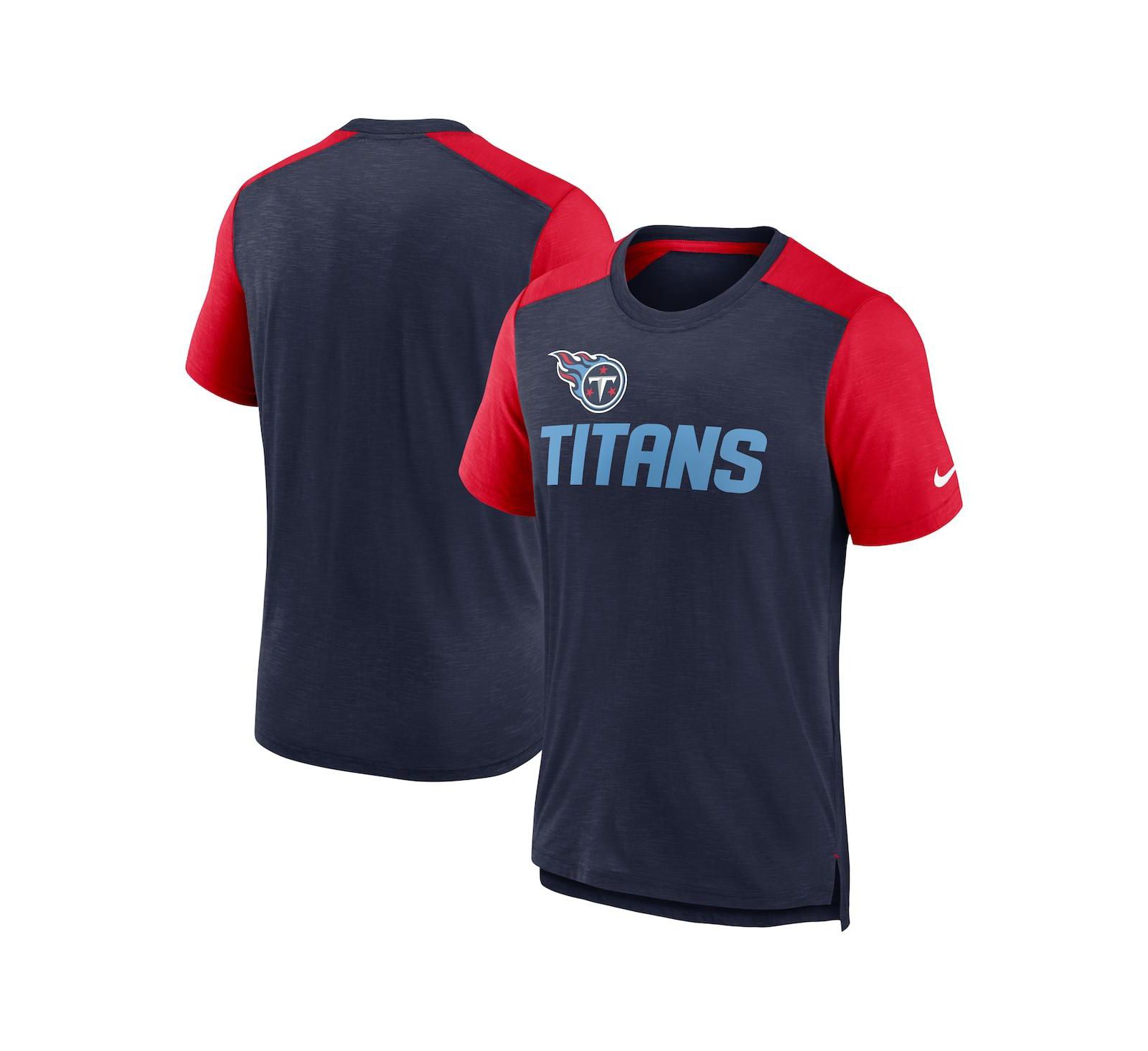 Men's Nike Heathered Navy, Heathered Red Tennessee Titans Color Block Team Name T-shirt