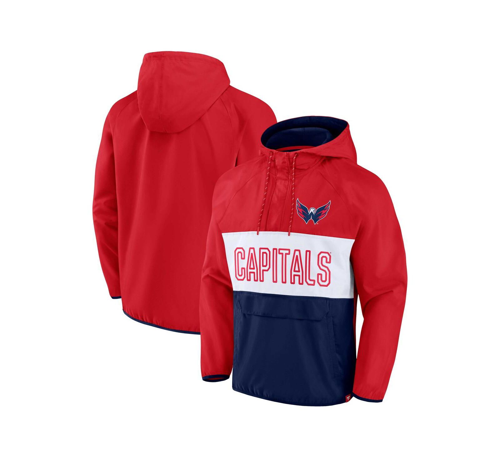 Men's Fanatics Red, Navy Washington Capitals Backhand Shooter Defender Anorak Raglan Hoodie Quarter-Zip Jacket