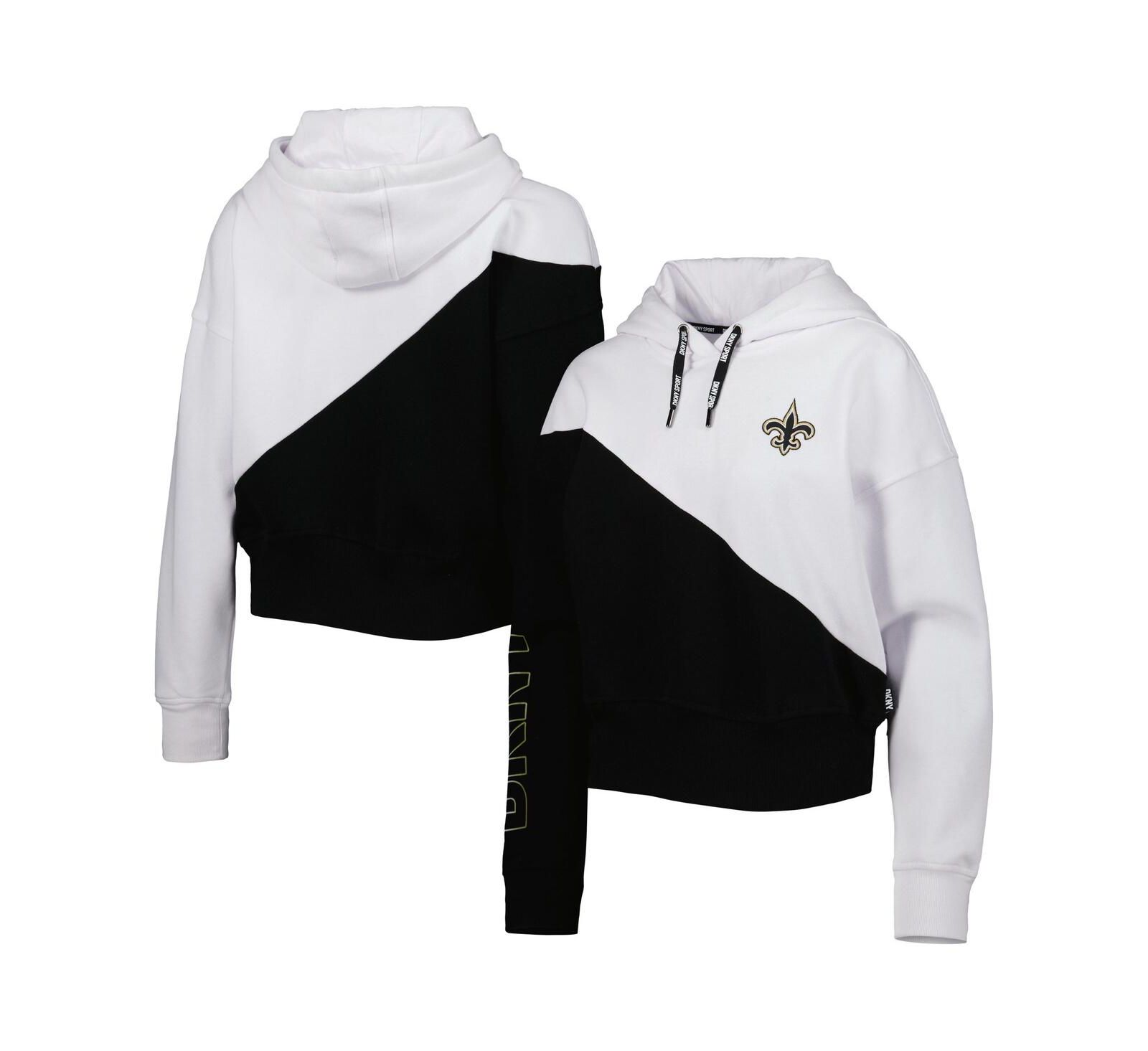 Women's DKNY Sport White and Black New Orleans Saints Bobbi Color Blocked Pullover Hoodie