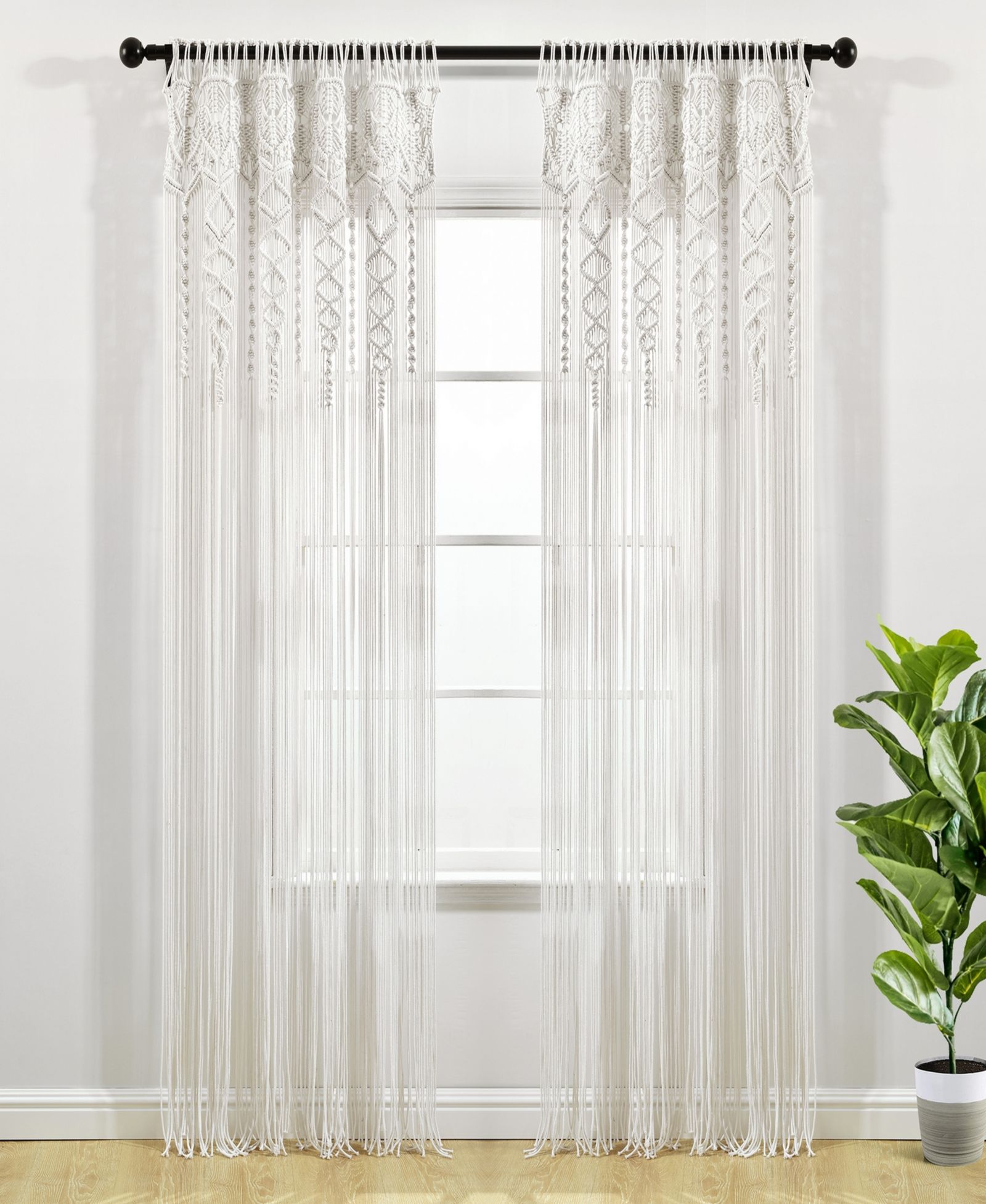 Lush Decor Boho Macrame Textured Cotton Window Curtain Panel Single 40"W x 84"L White - Macrame Curtains For Windows, Room Divider, Boho Wall Decor
