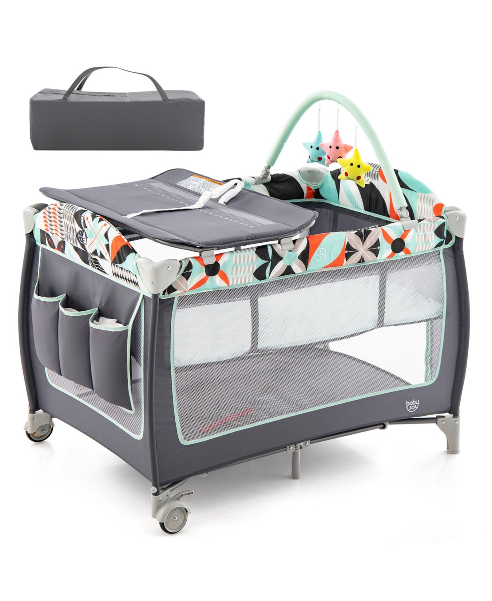Детский манеж 3 в 1 Costway Infant Nursery Center с молнией, мятный