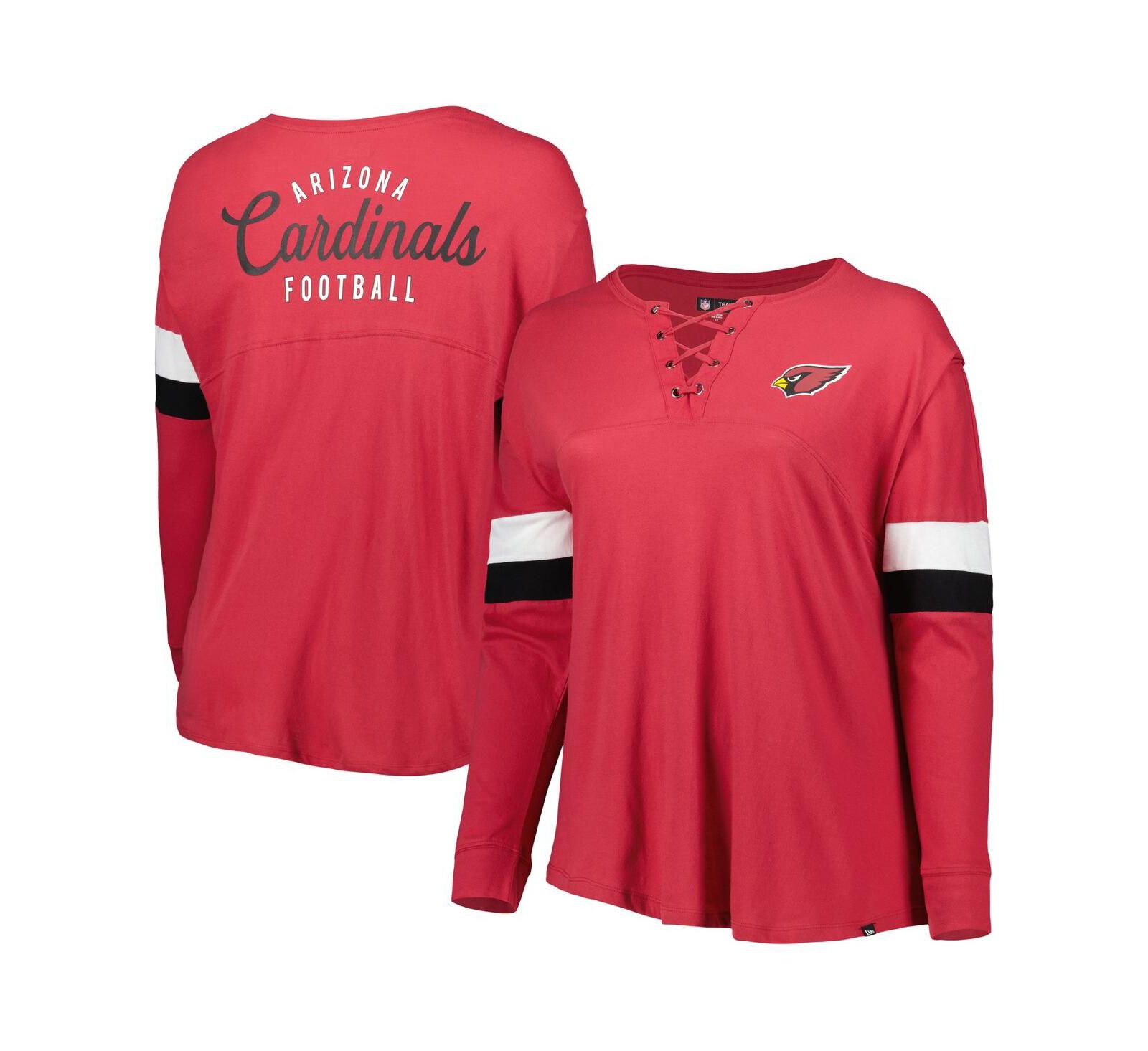 Women's New Era Cardinal Arizona Cardinals Plus Size Athletic Varsity Lace-Up V-Neck Long Sleeve T-shirt