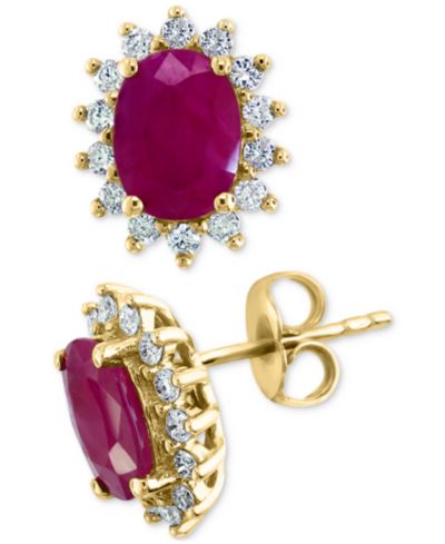 Серьги-гвоздики EFFY® Ruby (2-7/8 ct. t.w.) & Diamond (3/8 ct. t.w.) Halo в золоте 14k