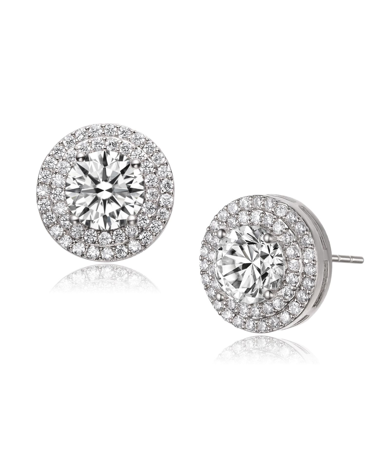 Genevive Dainty Sterling Silver Brilliant CZ Double Halo Stud Earrings