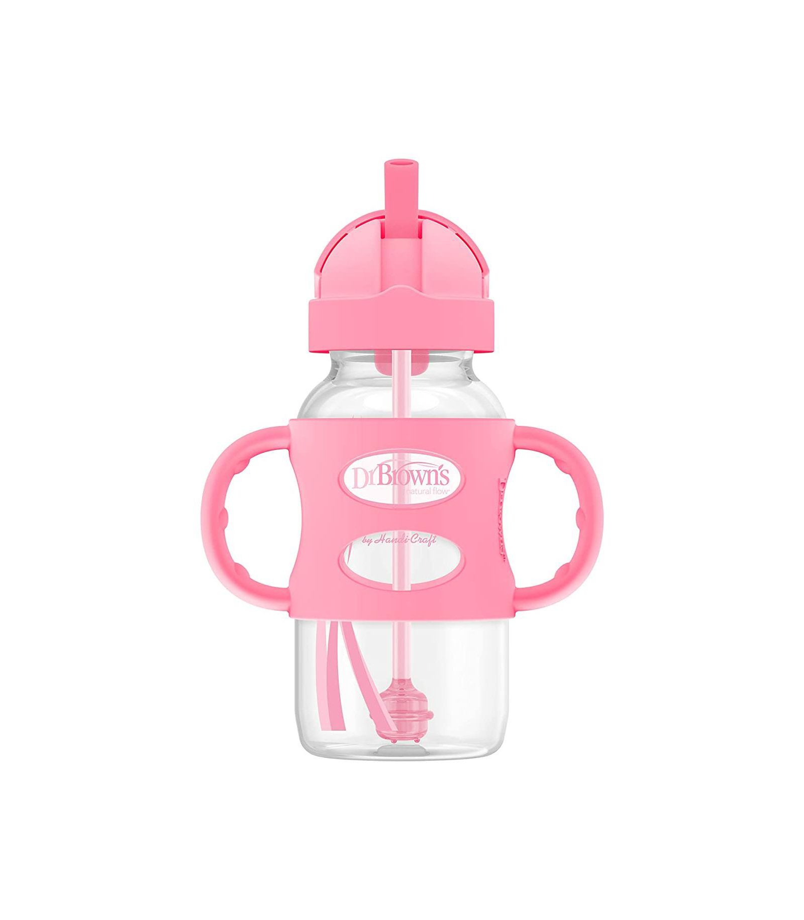 Dr. Browns Baby Wide-Neck Sippy Straw Bottle with 100% Silicone Handles, 9oz, Pink