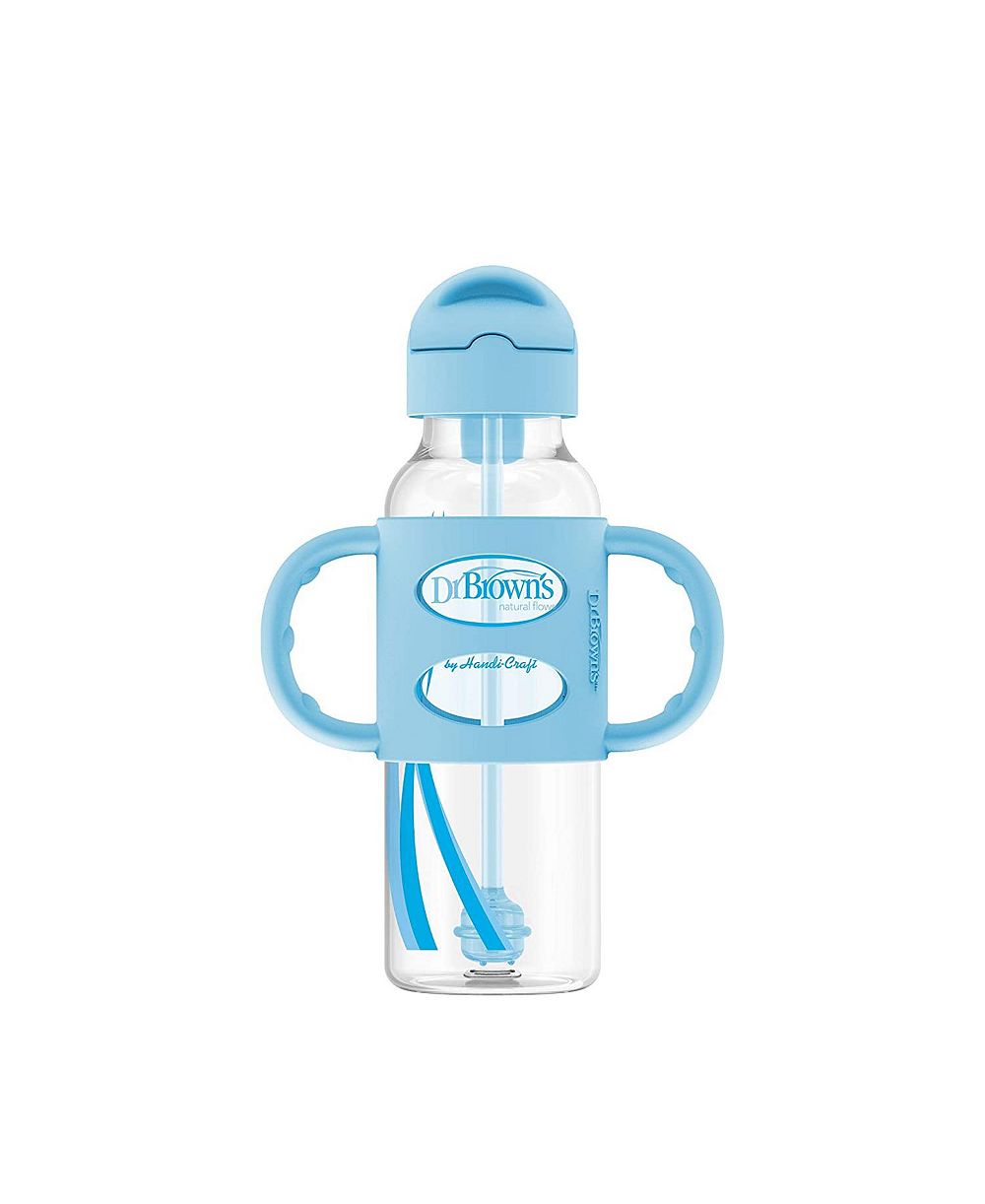 Dr. Browns Baby Narrow Sippy Straw Bottle with 100% Silicone Handles, 8oz, Blue