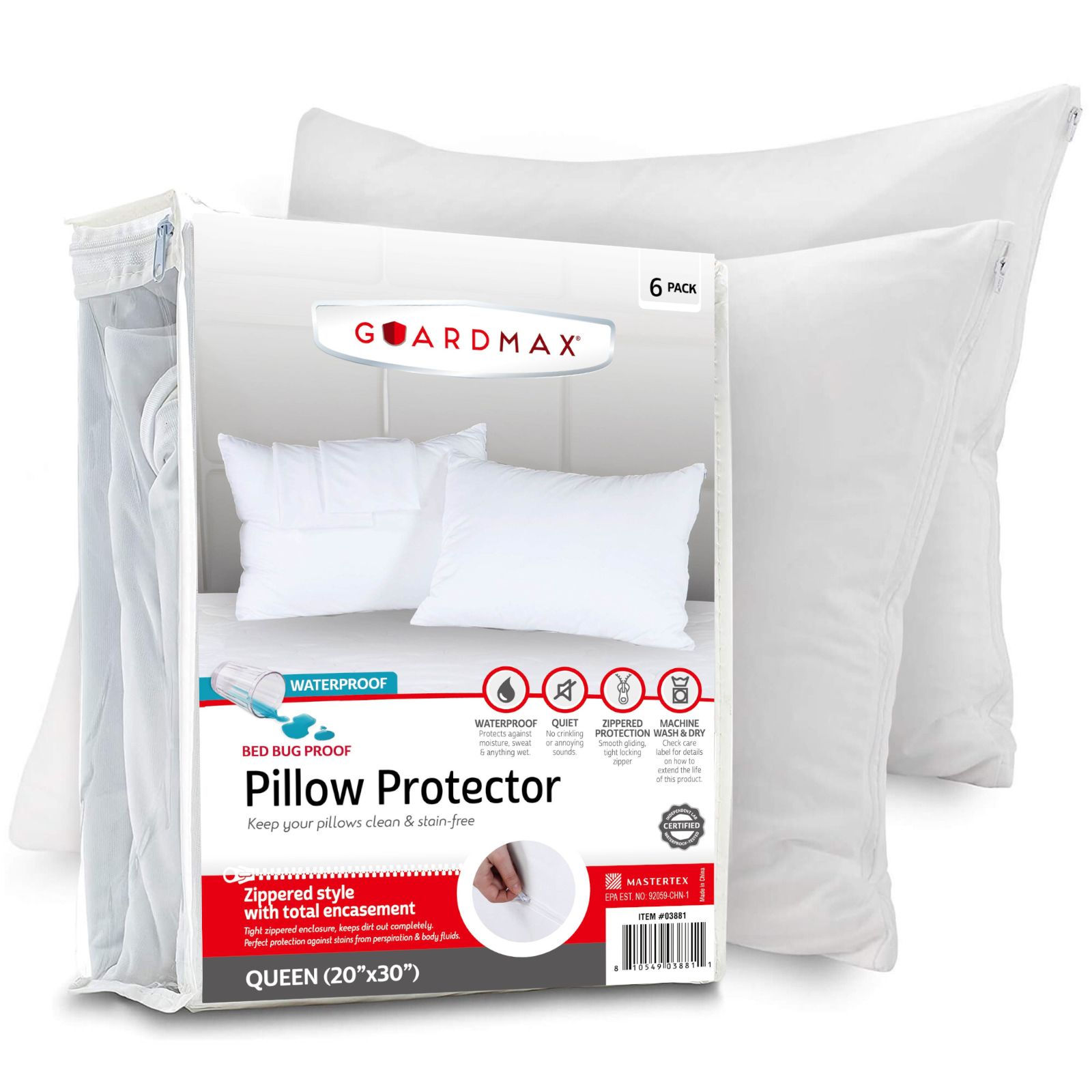 Guardmax Waterproof Zippered Pillow Protector - 6 Pack