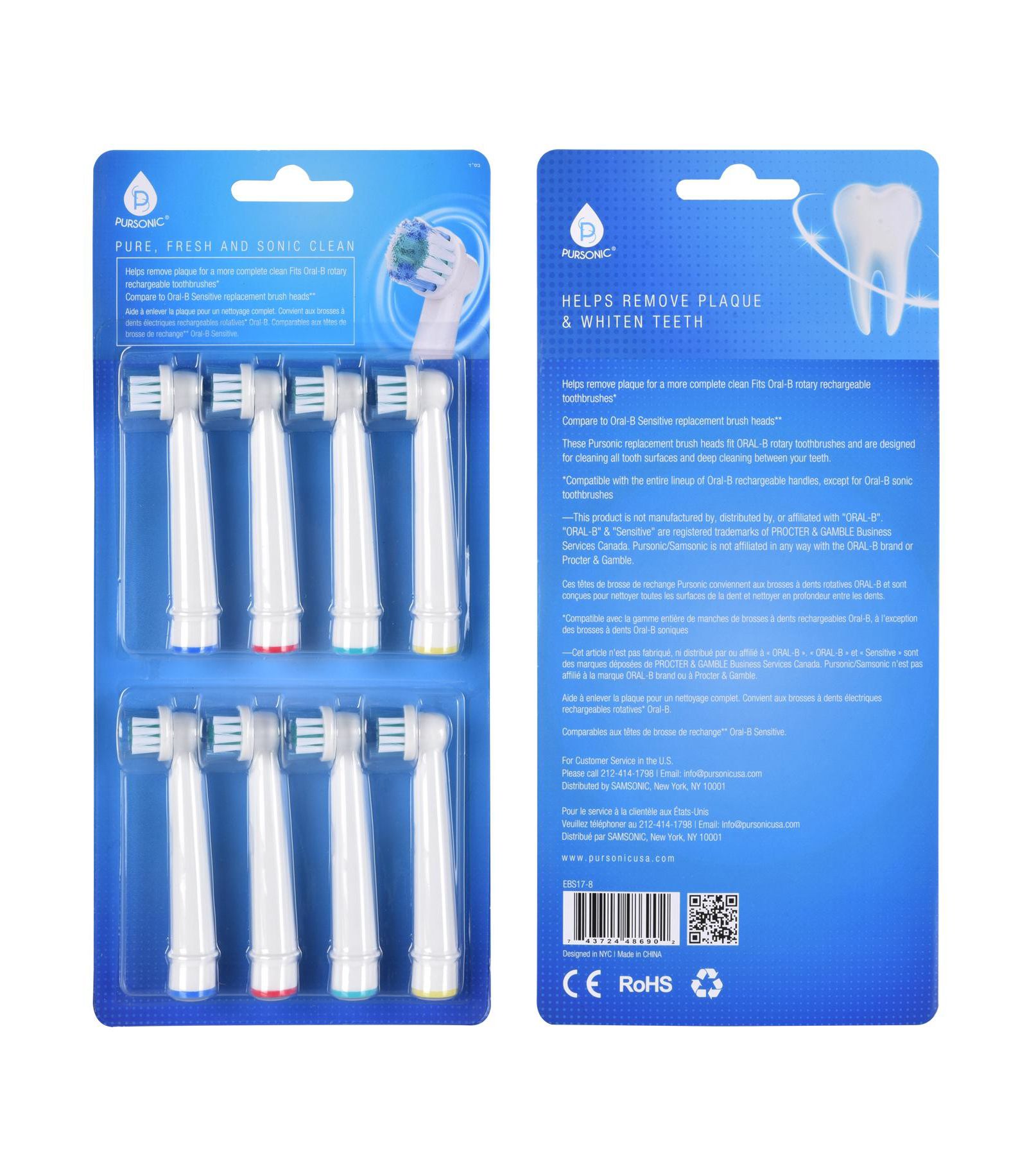 Pursonic 8 Pack Power Sensitive Replacement Brush Heads for Oral-B, 8 Count