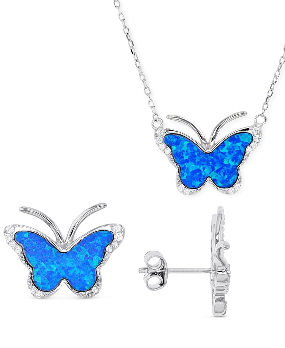 2-Pc. Set Lab-Grown Opal & Cubic Zirconia Butterfly Pendant Necklace & Matching Stud Earrings