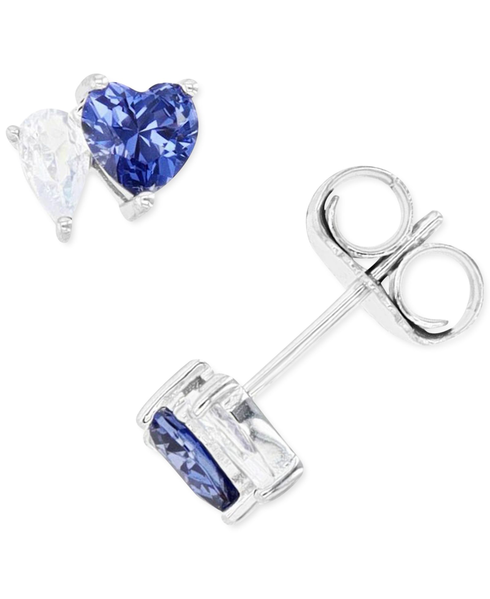 Серьги-гвоздики Blue and White Cubic Zirconia Heart в серебре Sterling Silver или 14k Gold over Sterling Silver