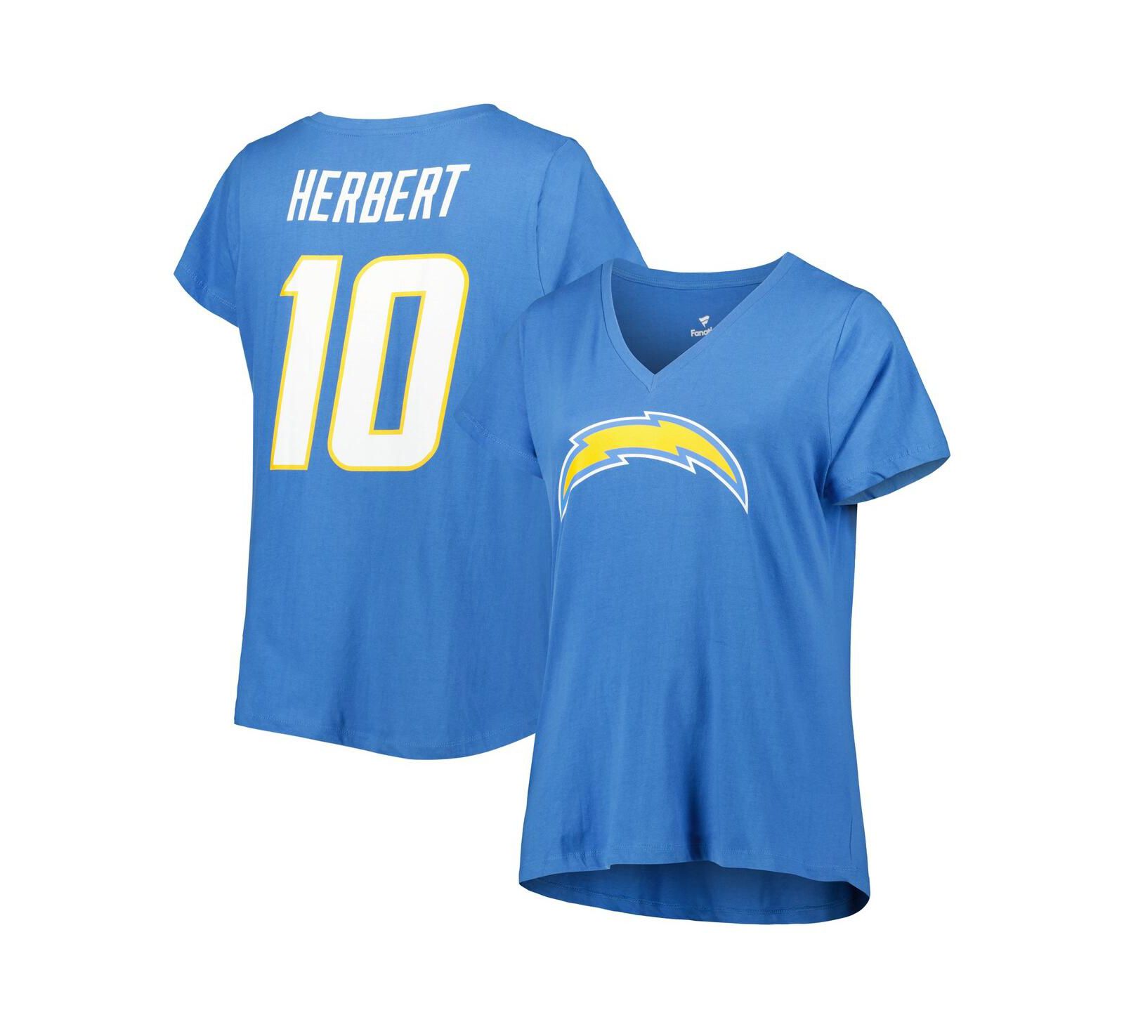 Women's Fanatics Justin Herbert Powder Blue Los Angeles Chargers Plus Size Player Name and Number V-Neck T-shirt