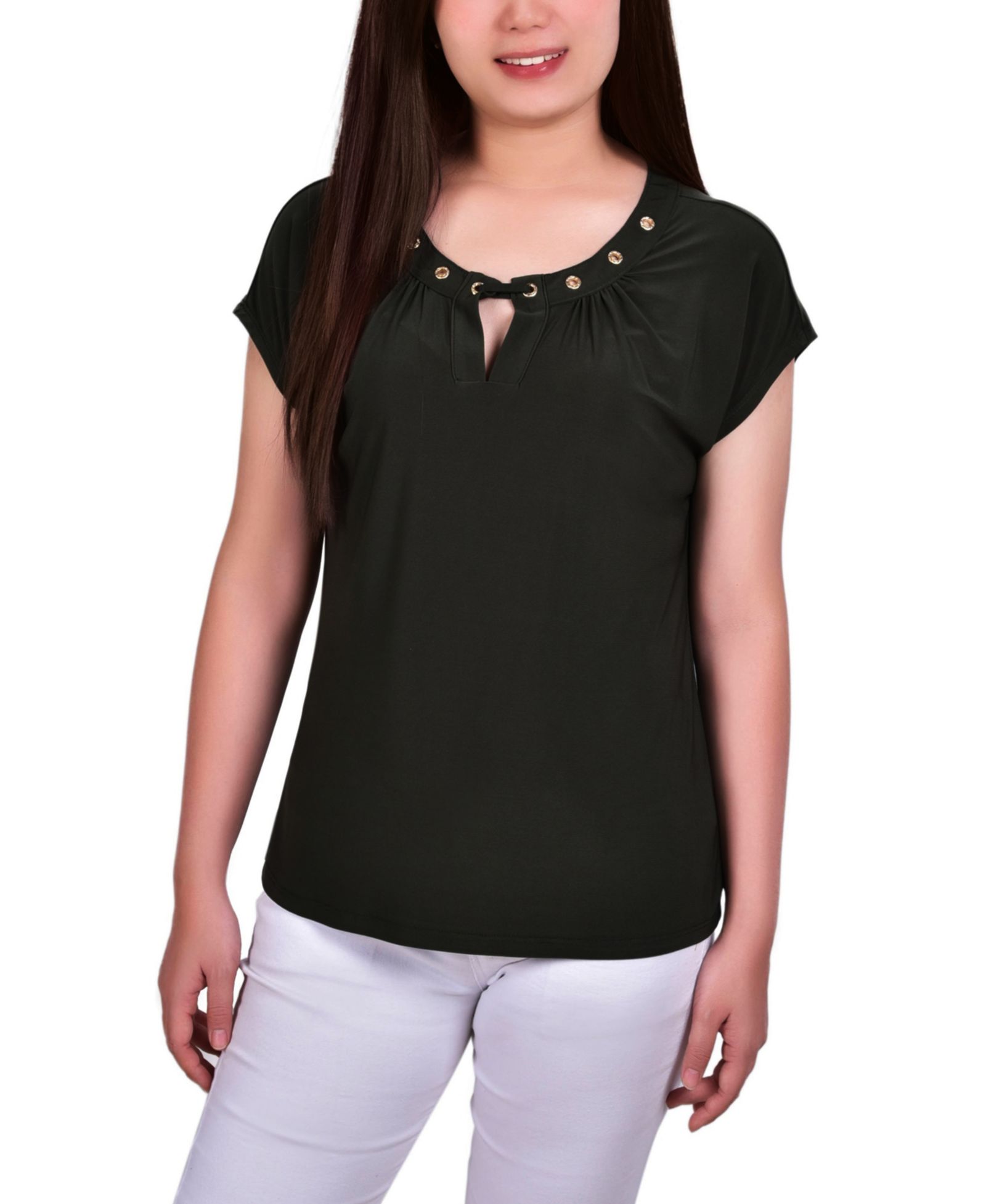 NY Collection Petite Grommet Neck Knit  Short Extended Sleeve Top