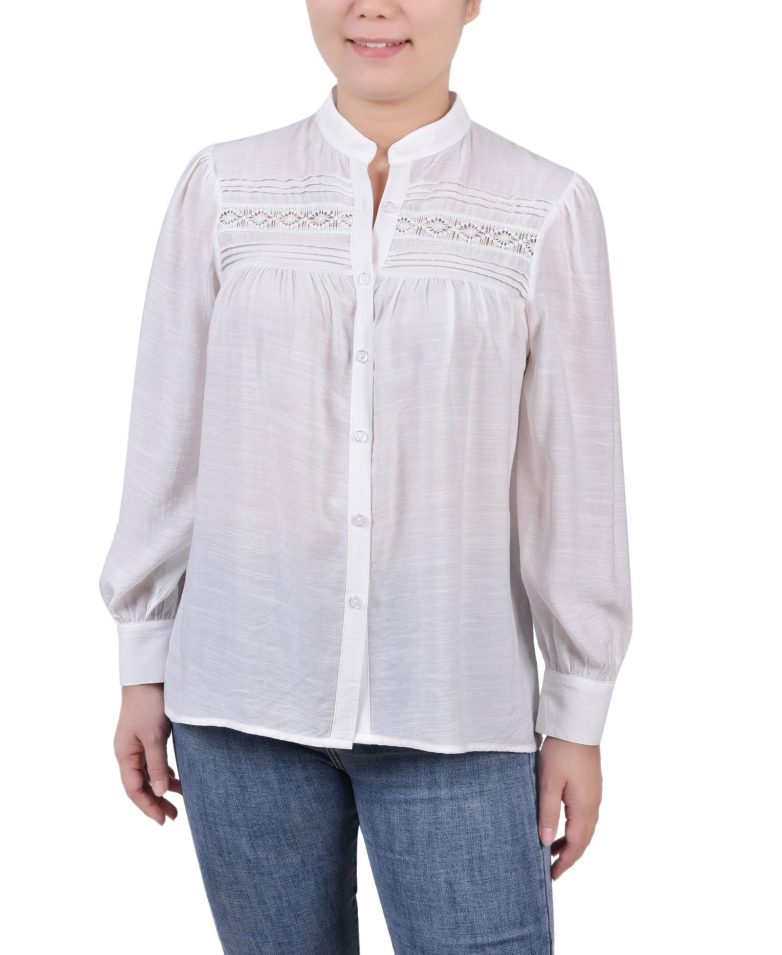 NY Collection Petite Crochet Long Sleeve Blouse