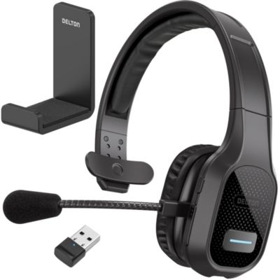 Delton Wireless Computer Headset with USB Dongle and Headset Hook, Trucker Bluetooth Headset with Noise Canceling Microphone, 35Hrs talk time, Headset for Drivers, Office, Call Center Work - Black