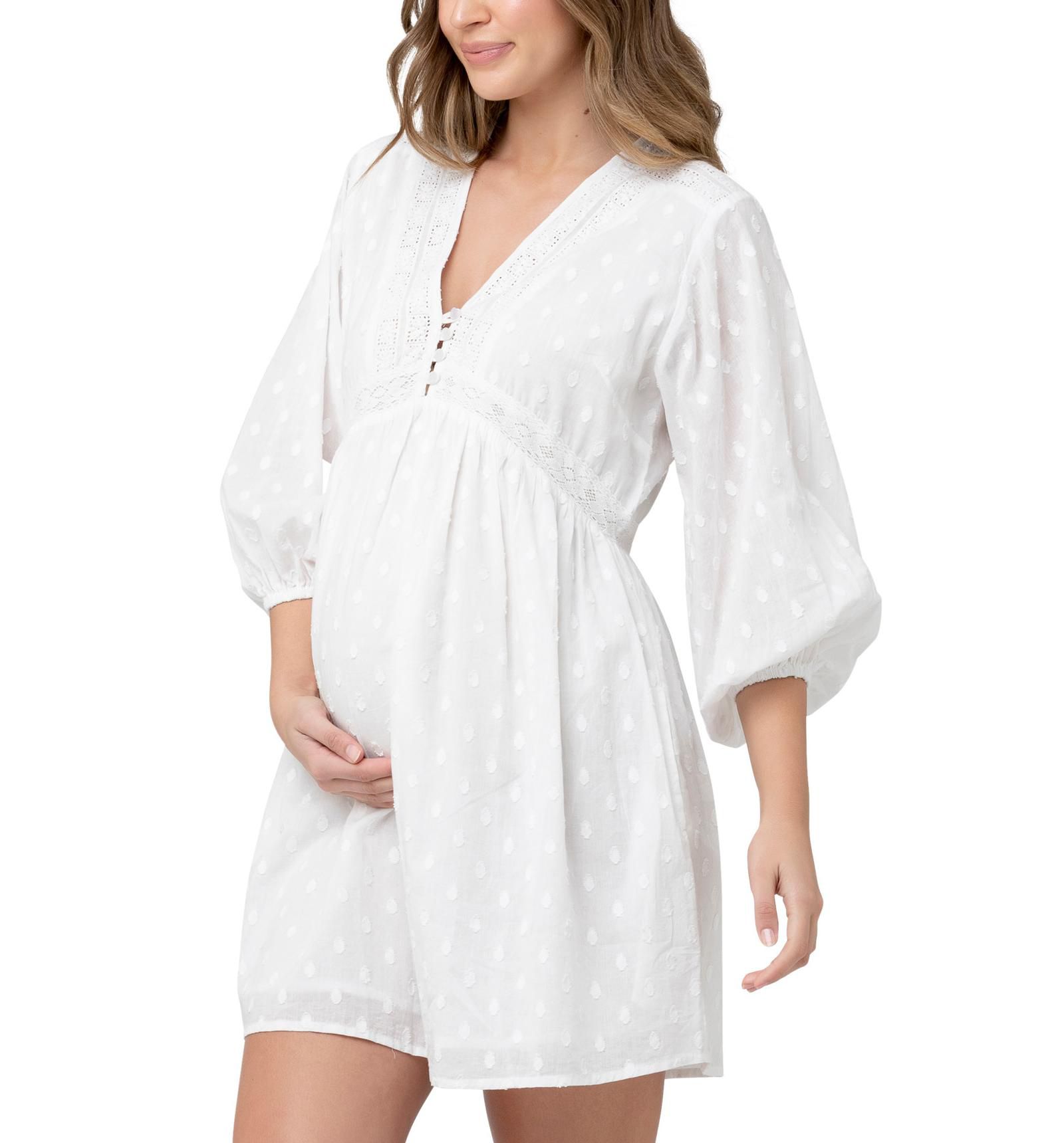 Ripe Maternity Maternity Valentina Embroidered Long Sleeve White Dress