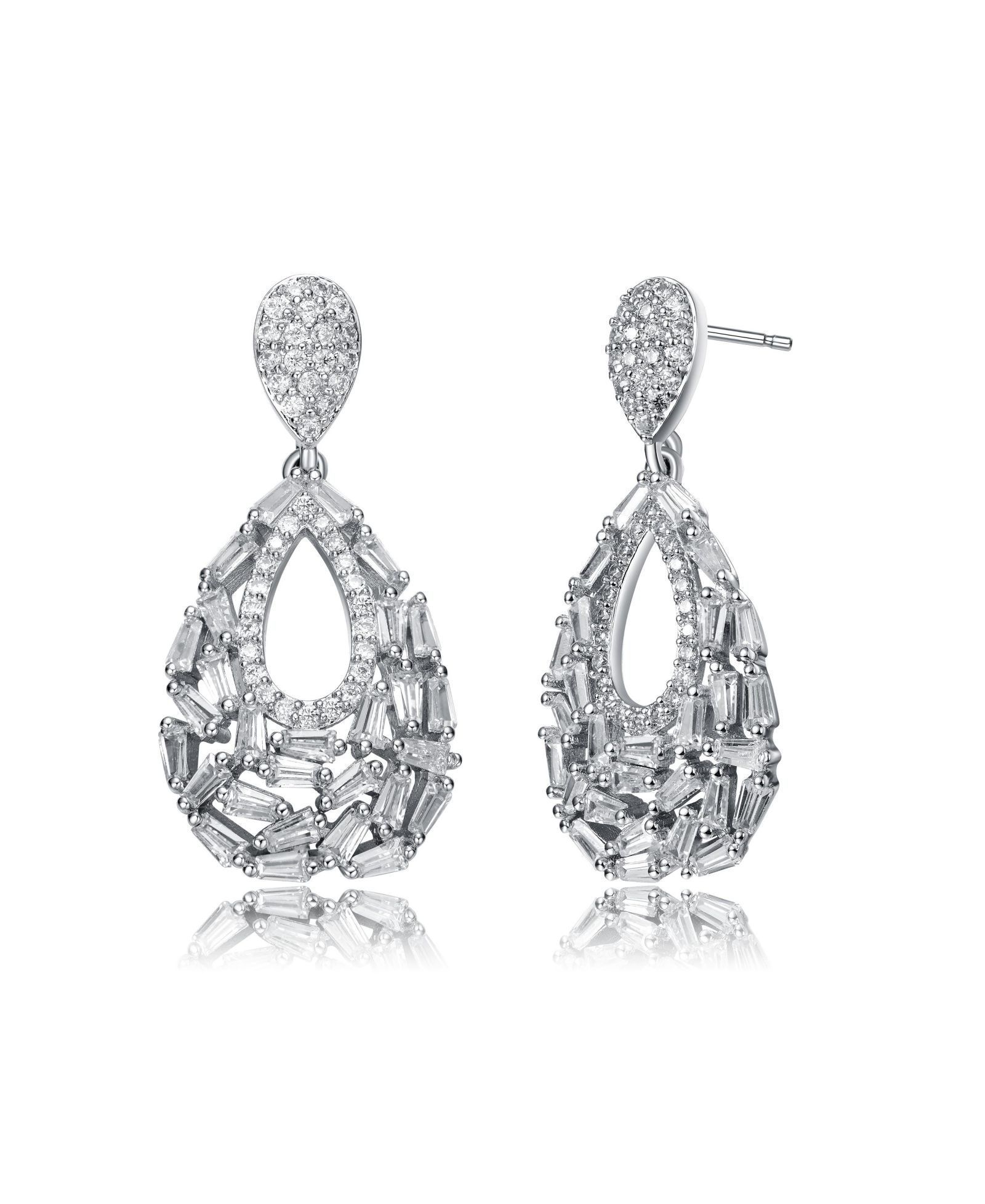 Genevive Sterling Silver Baguette & Round CZ Pear Shape Drop Earrings