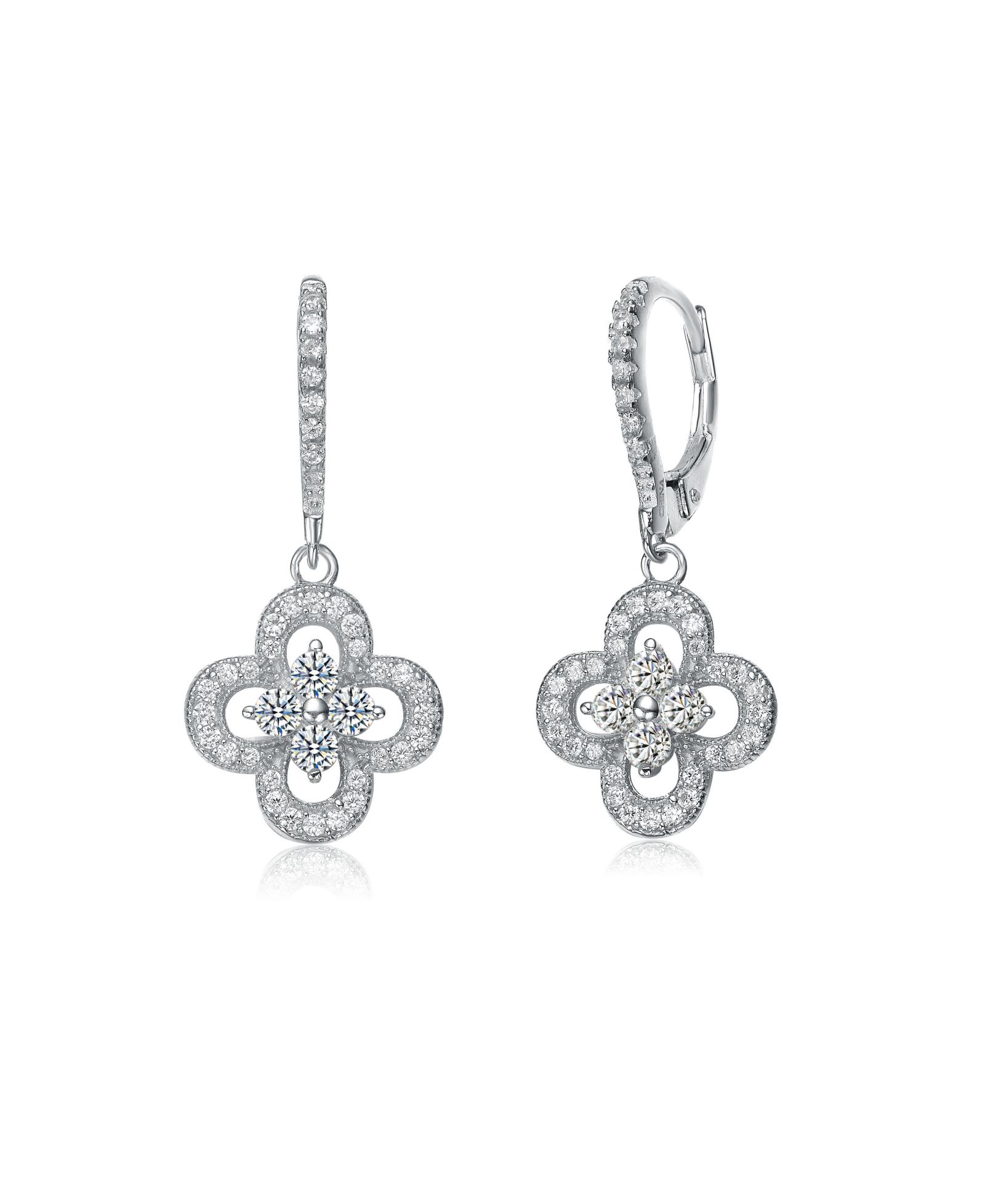 Genevive Elegant Sterling Silver Flower Shape Micro CZ Pave Earrings