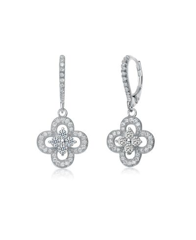 Genevive Elegant Sterling Silver Flower Shape Micro CZ Pave Earrings