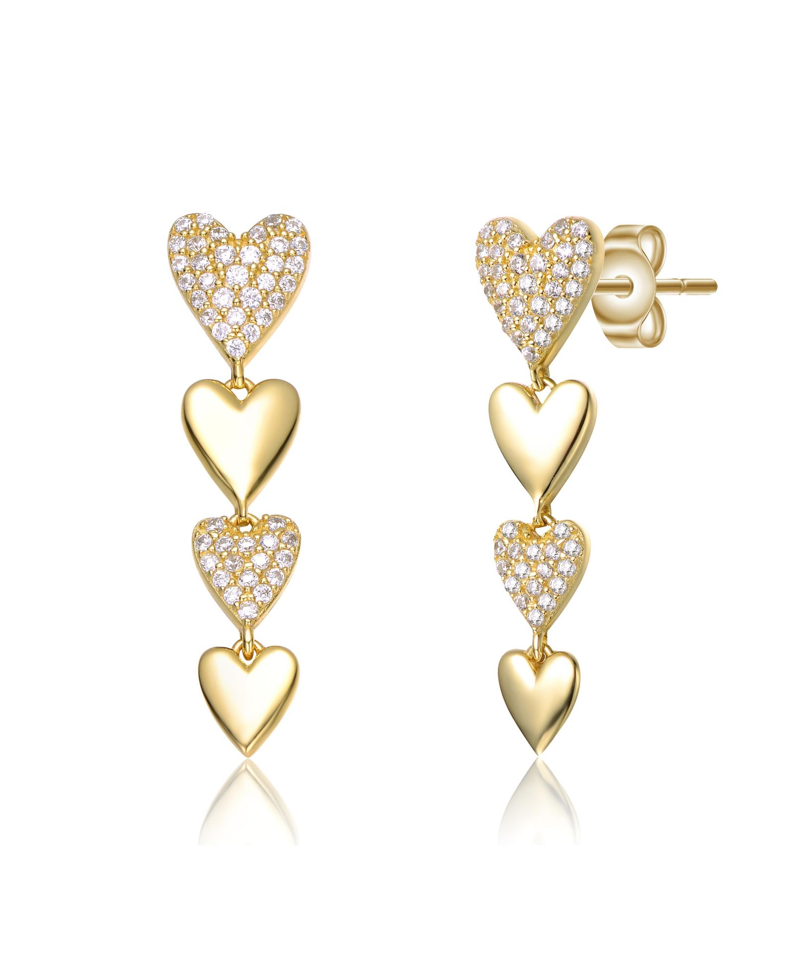 Серьги-подвески Double Stampato Heart с кубическим цирконием, покрытие 14k желтое золото, стерлинговое серебро