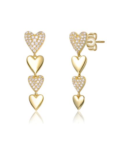 Sterling Silver 14k Yellow Gold Plated with Cubic Zirconia Double Stampato Heart Dangle Earrings