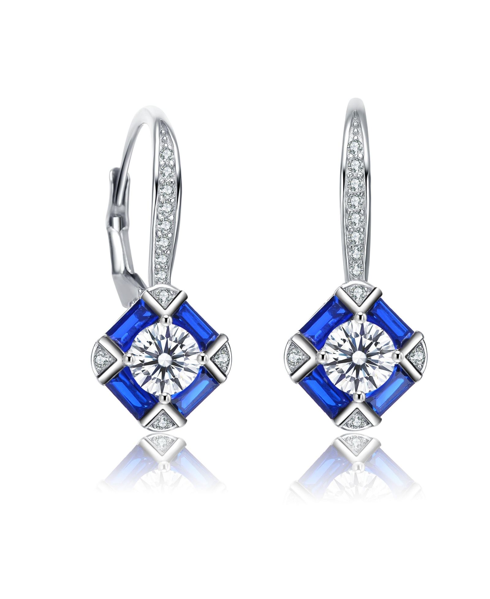 Genevive Sterling Silver White Gold Plated and Blue Cubic Zirconia Leverback Earrings
