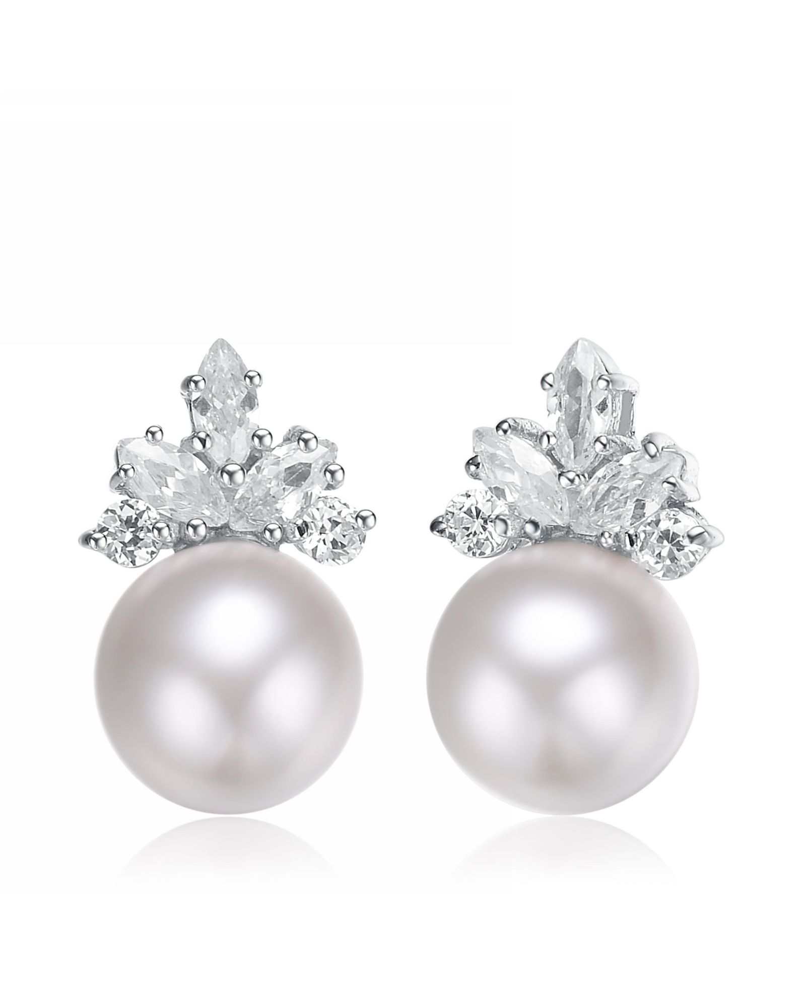 Genevive Elegant White Gold Plated Pearl & CZ Crown Stud Earrings