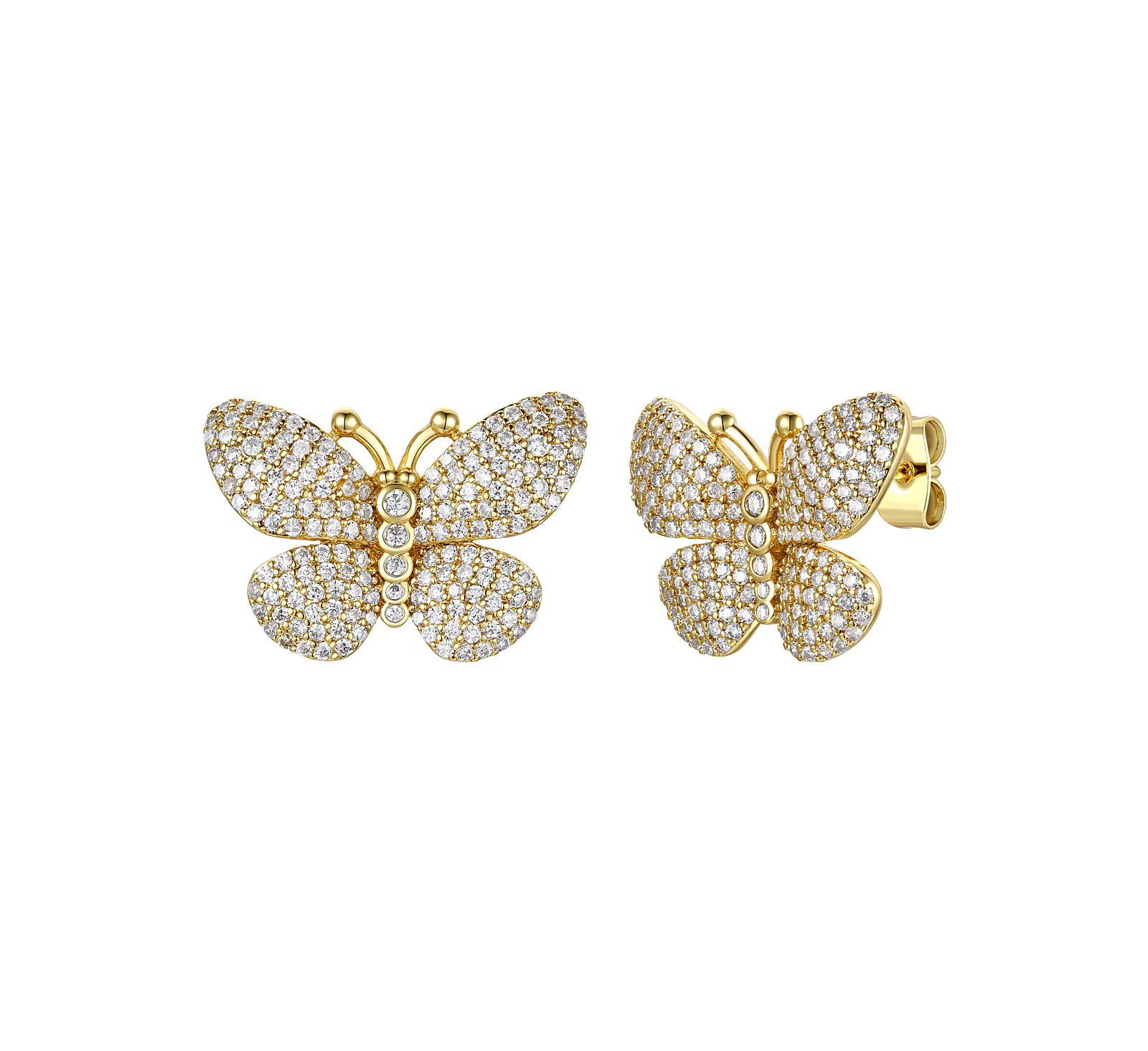 Sterling Silver 14k Yellow Gold Plated with Cubic Zirconia Butterfly Pave Earrings