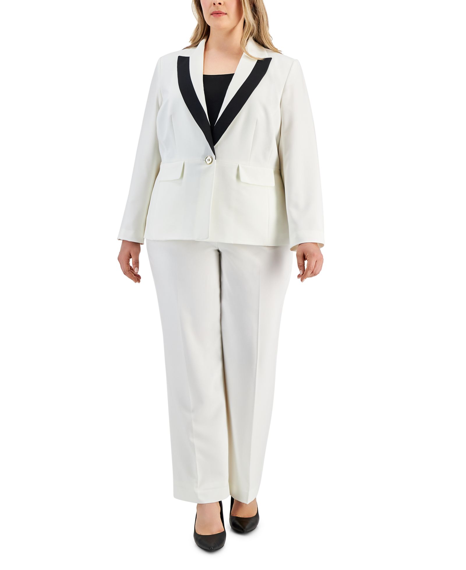 Le Suit Plus Size Contrast-Trim Peak-Lapel 2 Piece Pantsuit