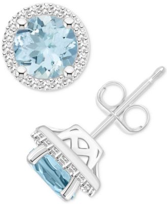 Aquamarine (1-1/2 ct. t.w.) & Diamond (1/5 ct. t.w.) Halo Stud Earrings in Sterling Silver (Also in Opal)