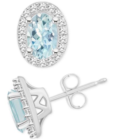 Серьги-гвоздики Macy's Aquamarine (3/4 ct. t.w.) & Diamond (1/6 ct. t.w.) Oval Halo в стерлинговом серебре